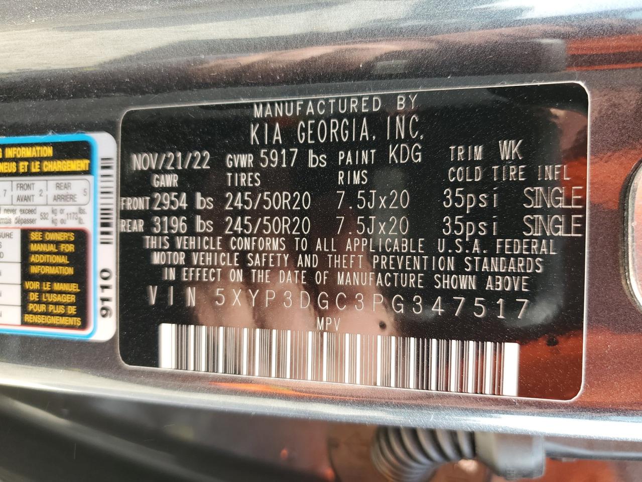 2023 KIA TELLURIDE EX VIN:5XYP3DGC3PG347517