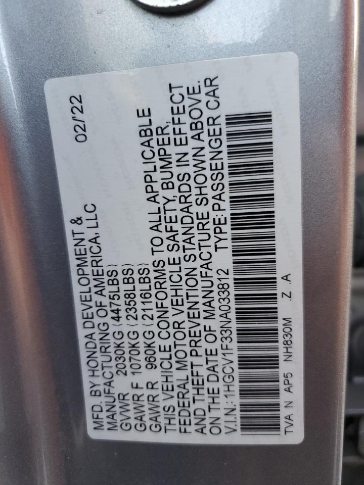 2022 HONDA ACCORD SPORT VIN:1HGCV1F33NA033812