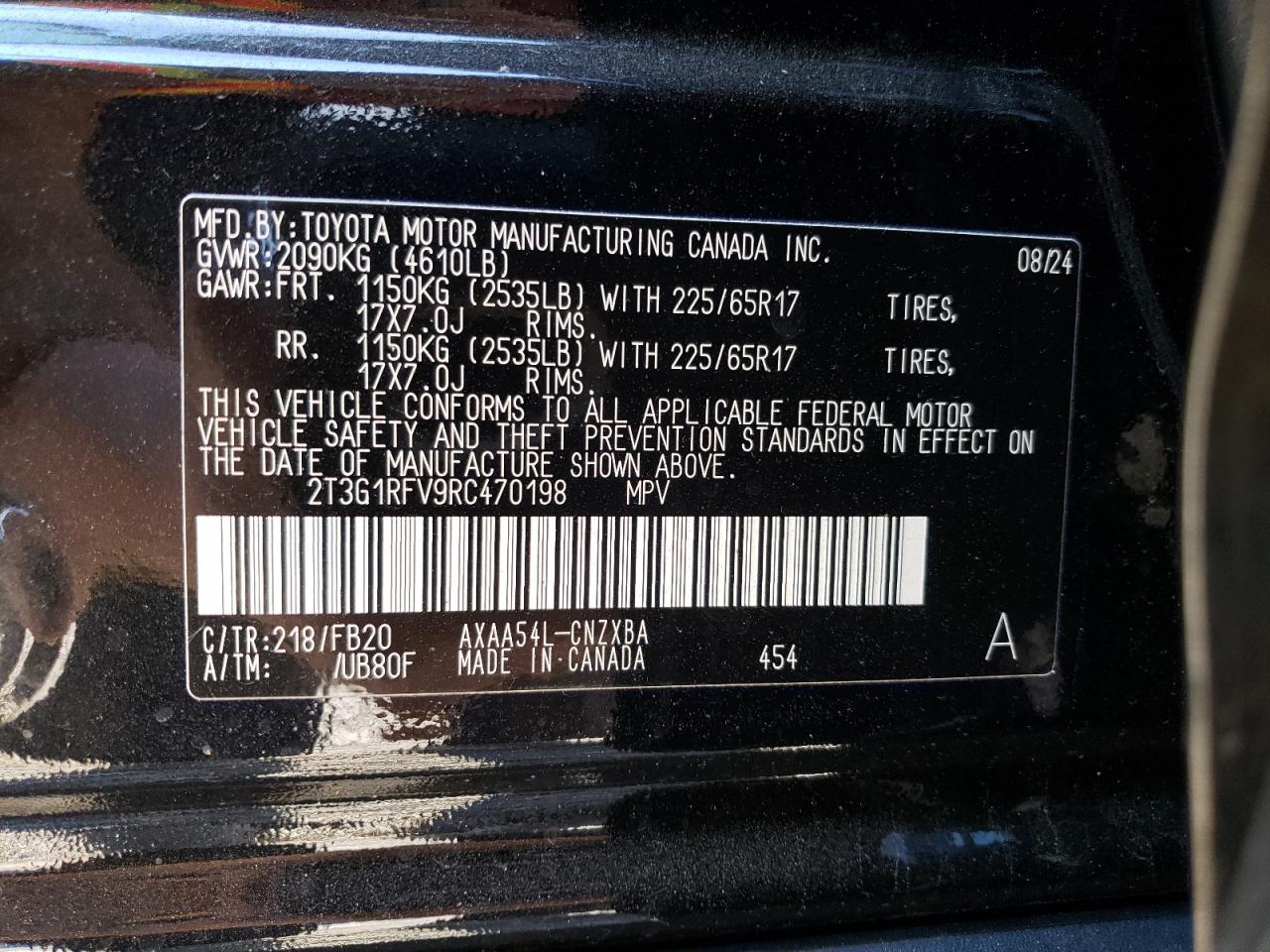 2024 TOYOTA RAV4 LE VIN:2T3G1RFV9RC470198