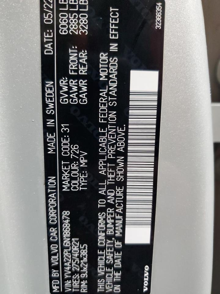 2022 VOLVO XC90 T6 INSCRIPTION VIN:YV4A22PL6N1868478