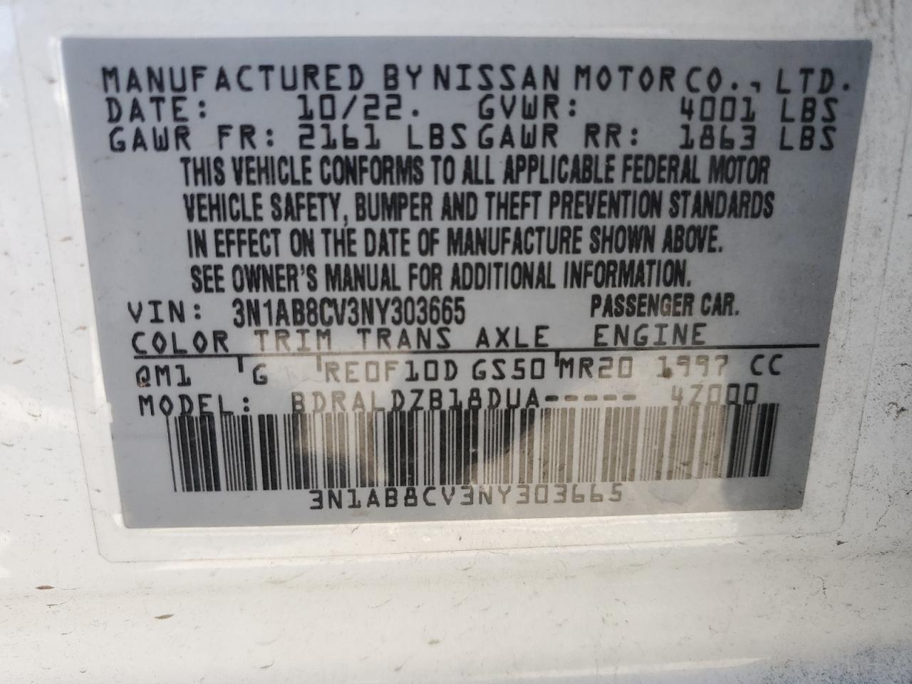 2022 NISSAN SENTRA SV VIN:3N1AB8CV3NY303665