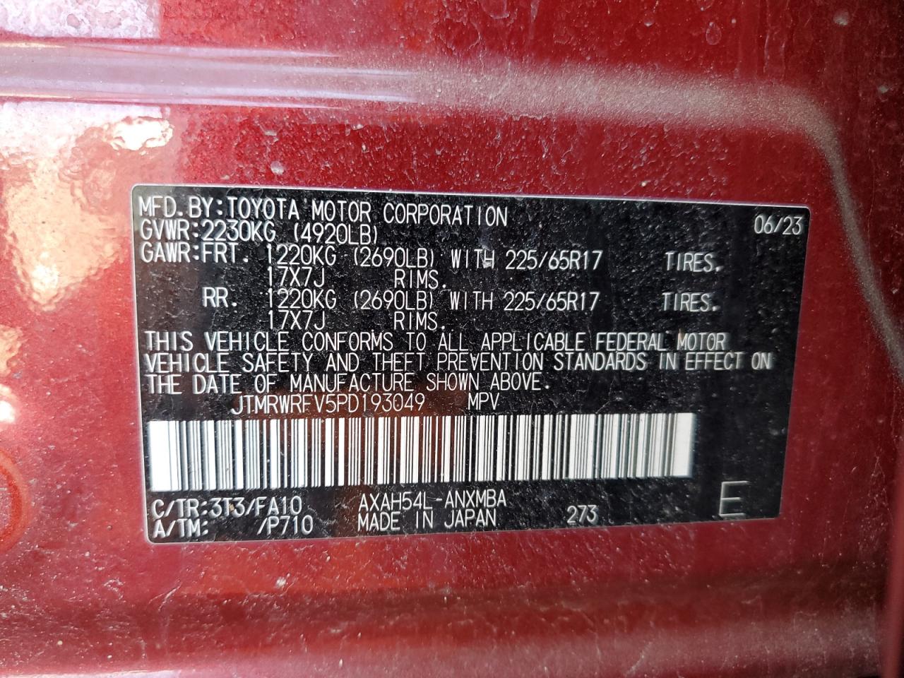 2023 TOYOTA RAV4 XLE VIN:JTMRWRFV5PD193049