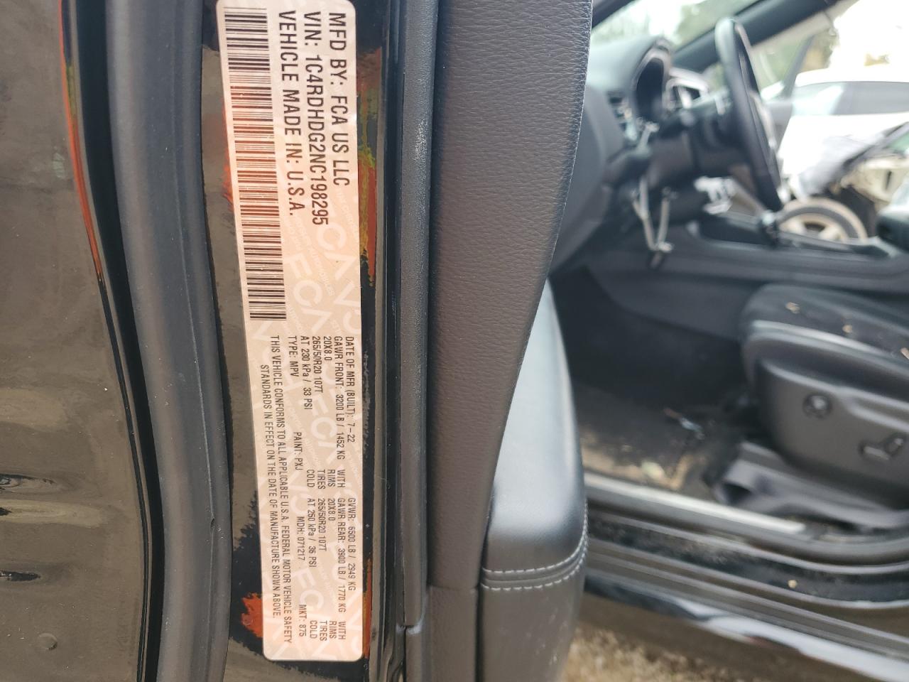 2022 DODGE DURANGO GT VIN:1C4RDHDG2NC198295