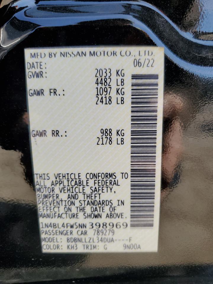 2022 NISSAN ALTIMA PLATINUM VIN:1N4BL4FW5NN398969