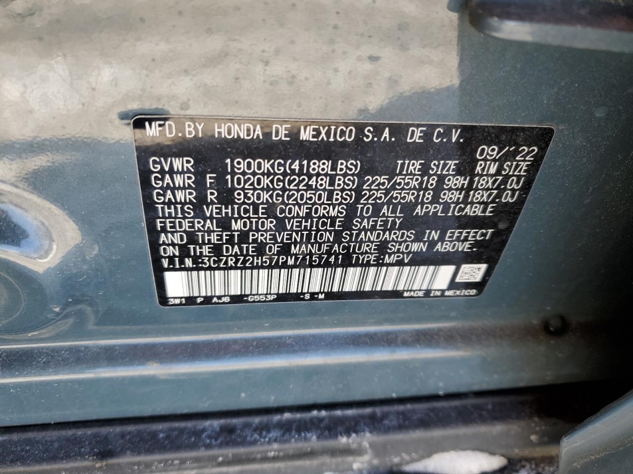2023 HONDA HR-V SPORT VIN:3CZRZ2H57PM715741