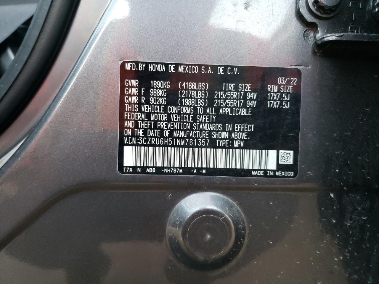 2022 HONDA HR-V EX VIN:3CZRU6H51NM761357