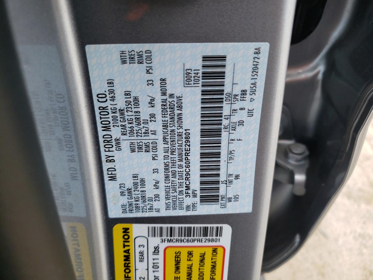 2023 FORD BRONCO SPORT OUTER BANKS VIN:3FMCR9C60PRE29801