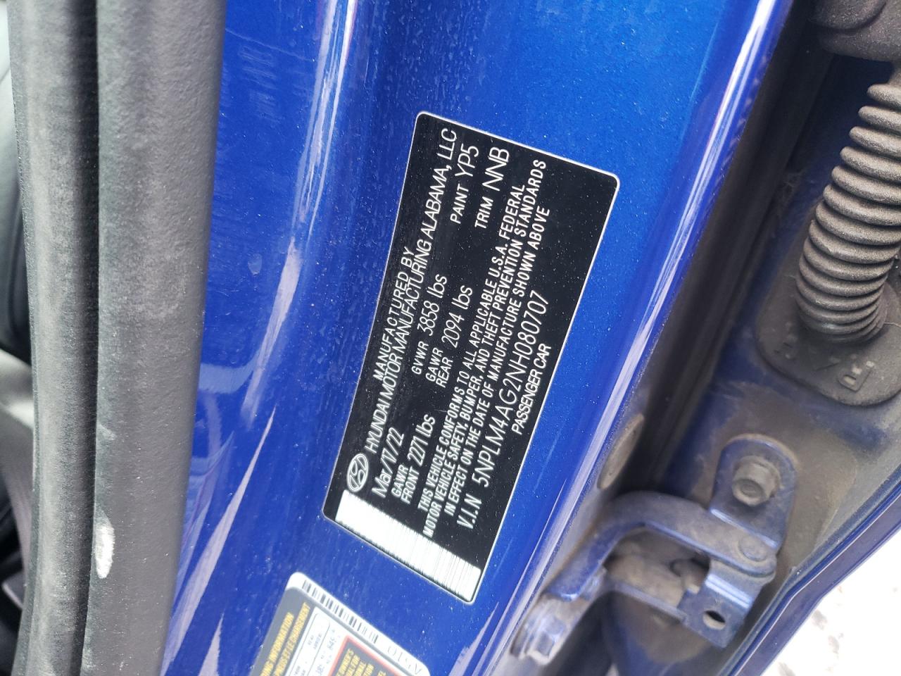 2022 HYUNDAI ELANTRA SEL VIN:5NPLM4AG2NH080707