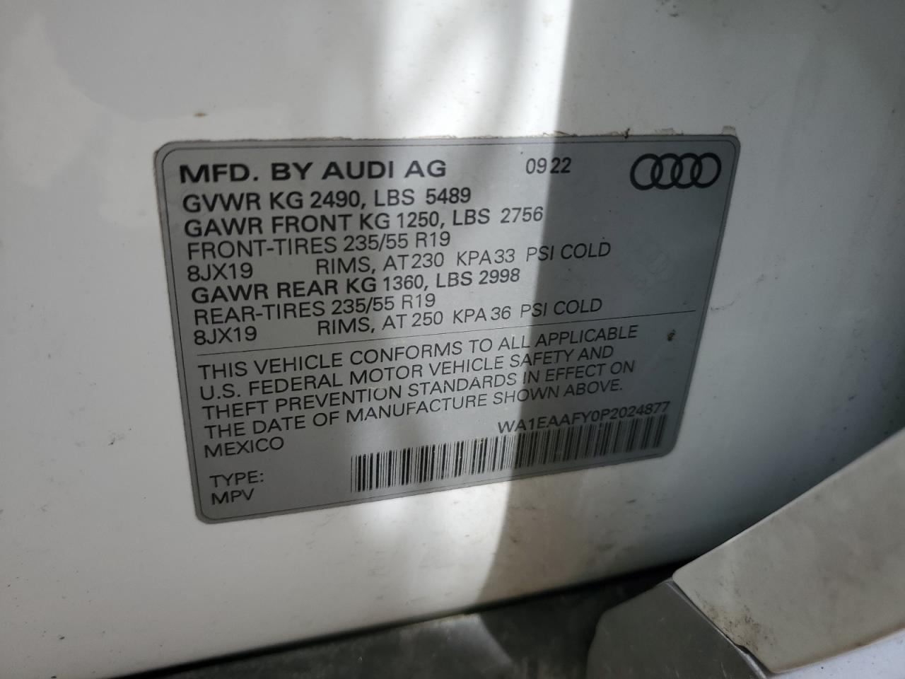 2023 AUDI Q5 PREMIUM PLUS 45 VIN:WA1EAAFY0P2024877
