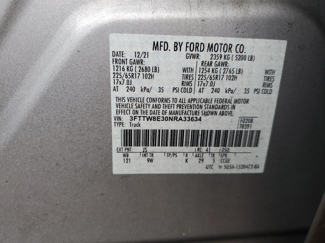 2022 FORD MAVERICK XL VIN:3FTTW8E30NRA33634