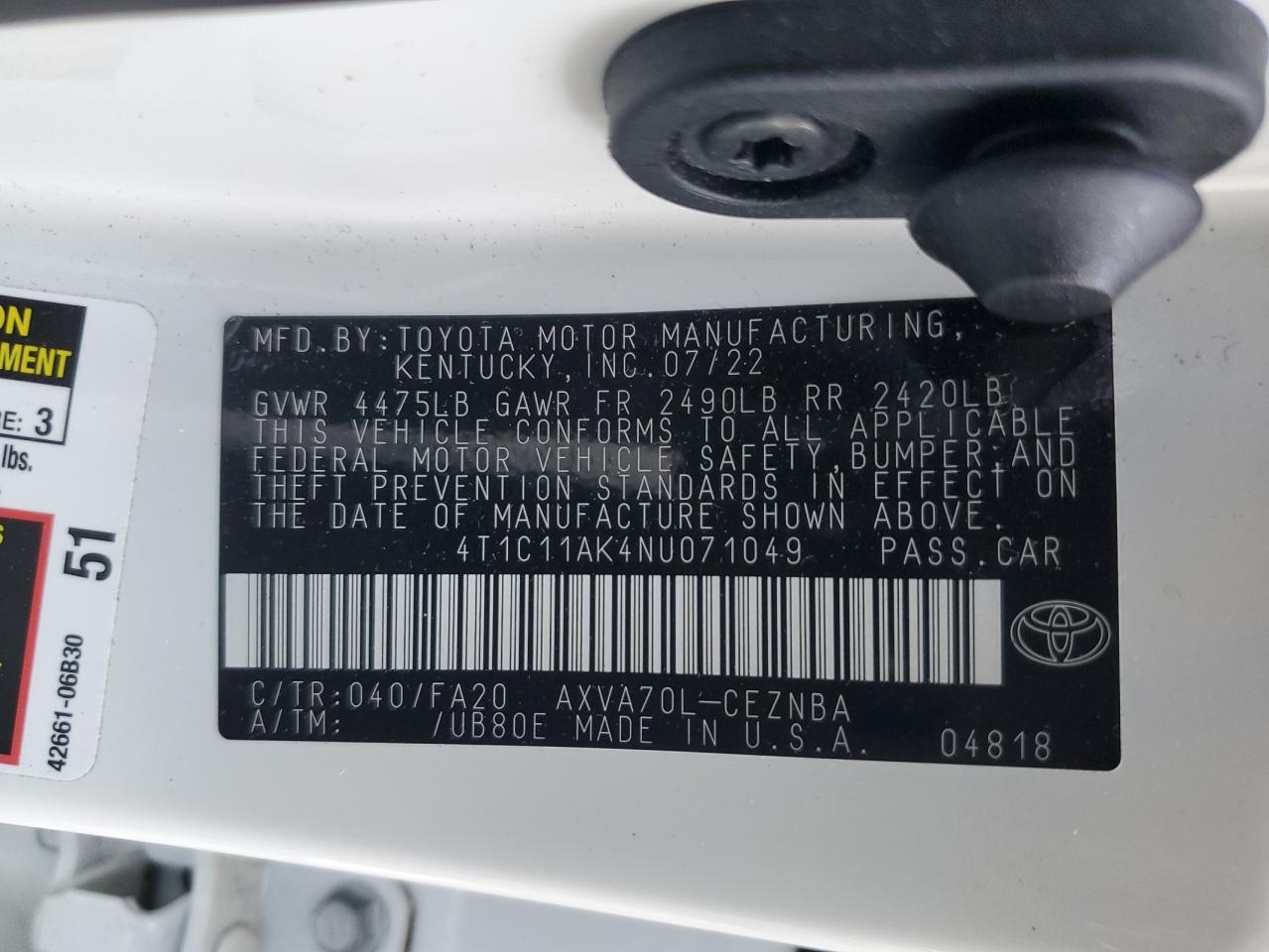2022 TOYOTA CAMRY LE VIN:4T1C11AK4NU071049