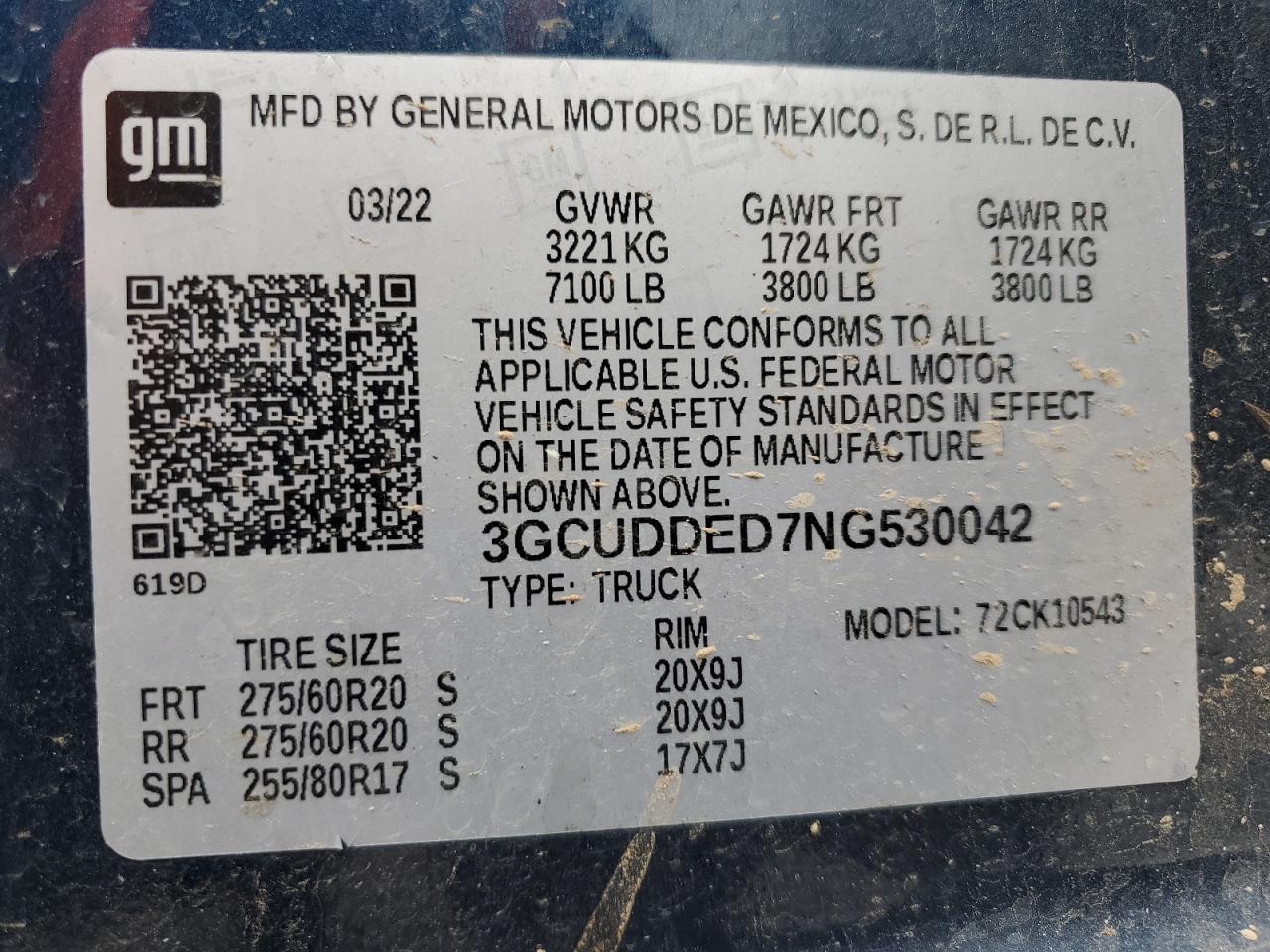 2022 CHEVROLET SILVERADO K1500 LT VIN:3GCUDDED7NG530042