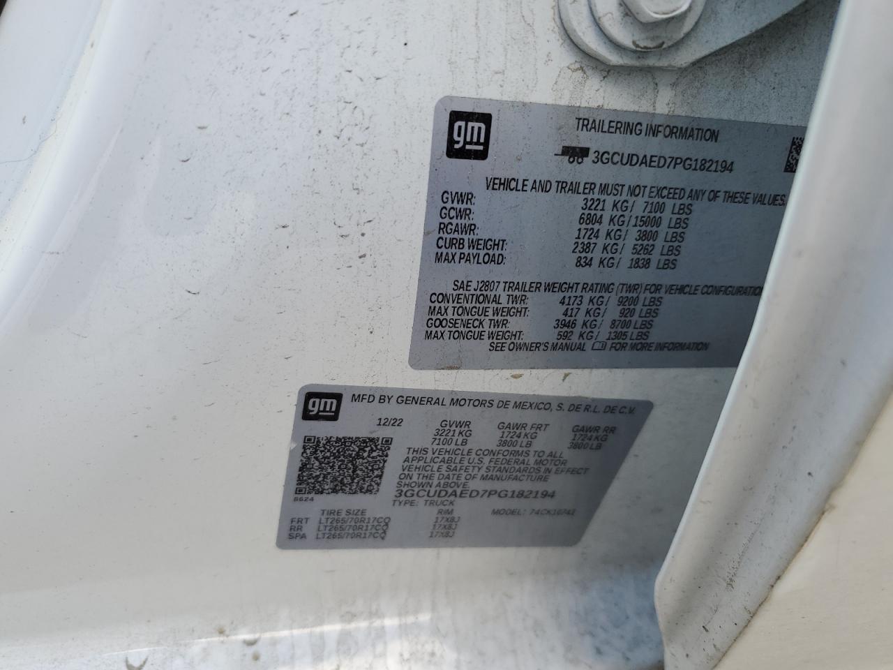 2023 CHEVROLET SILVERADO K1500 VIN:3GCUDAED7PG182194