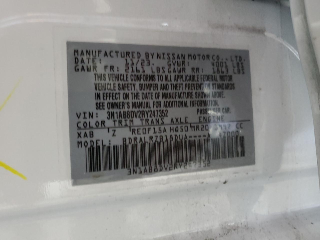 2024 NISSAN SENTRA SR VIN:3N1AB8DV2RY247352