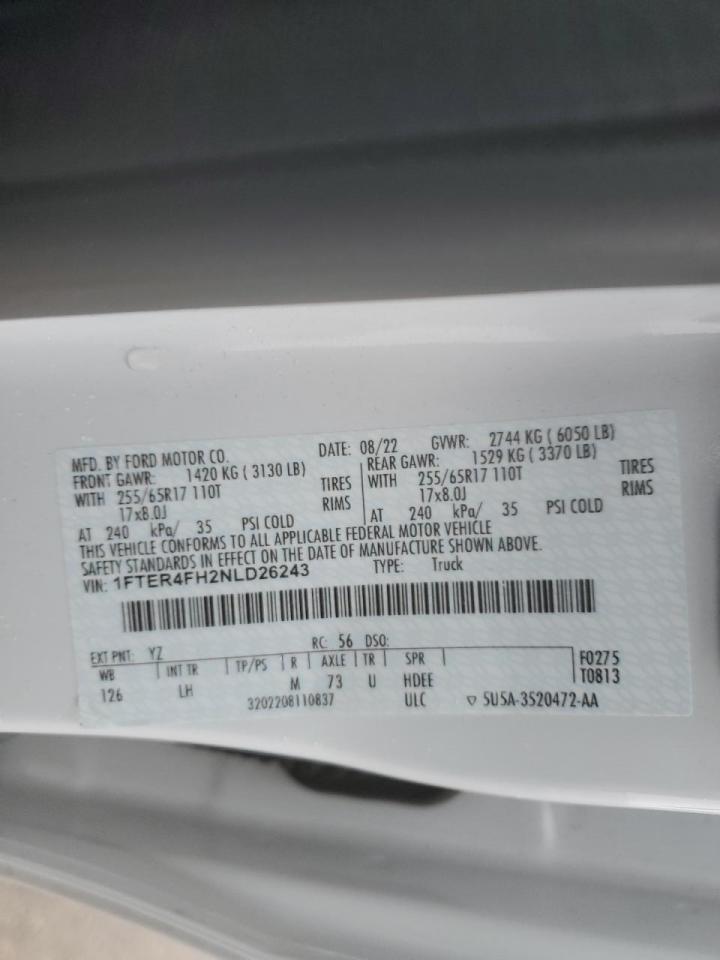 2022 FORD RANGER XL VIN:1FTER4FH2NLD26243