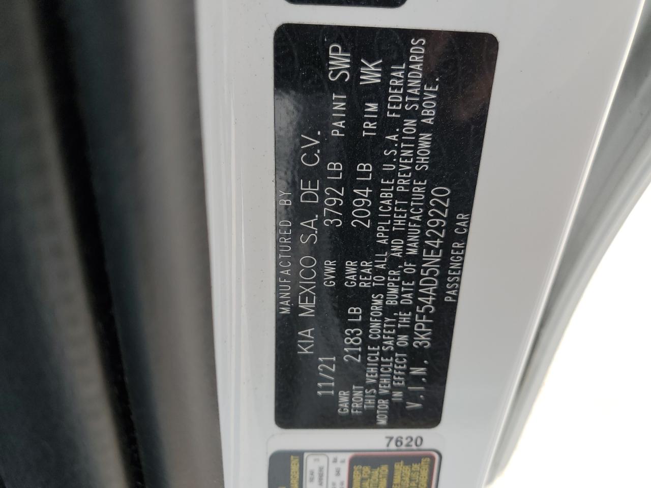 2022 KIA FORTE GT LINE VIN:3KPF54AD5NE429220
