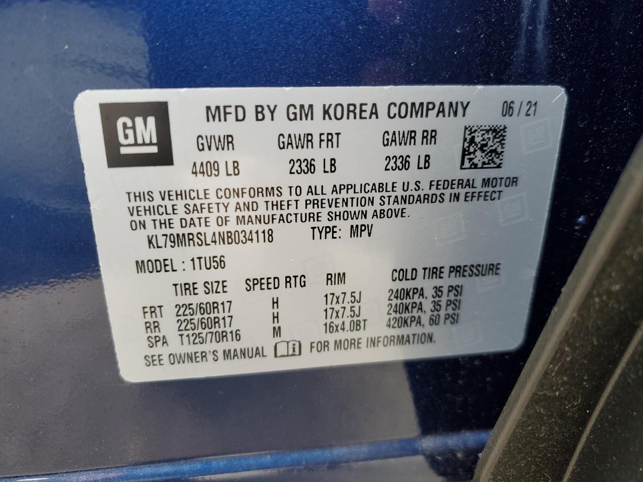 2022 CHEVROLET TRAILBLAZER LT VIN:KL79MRSL4NB034118