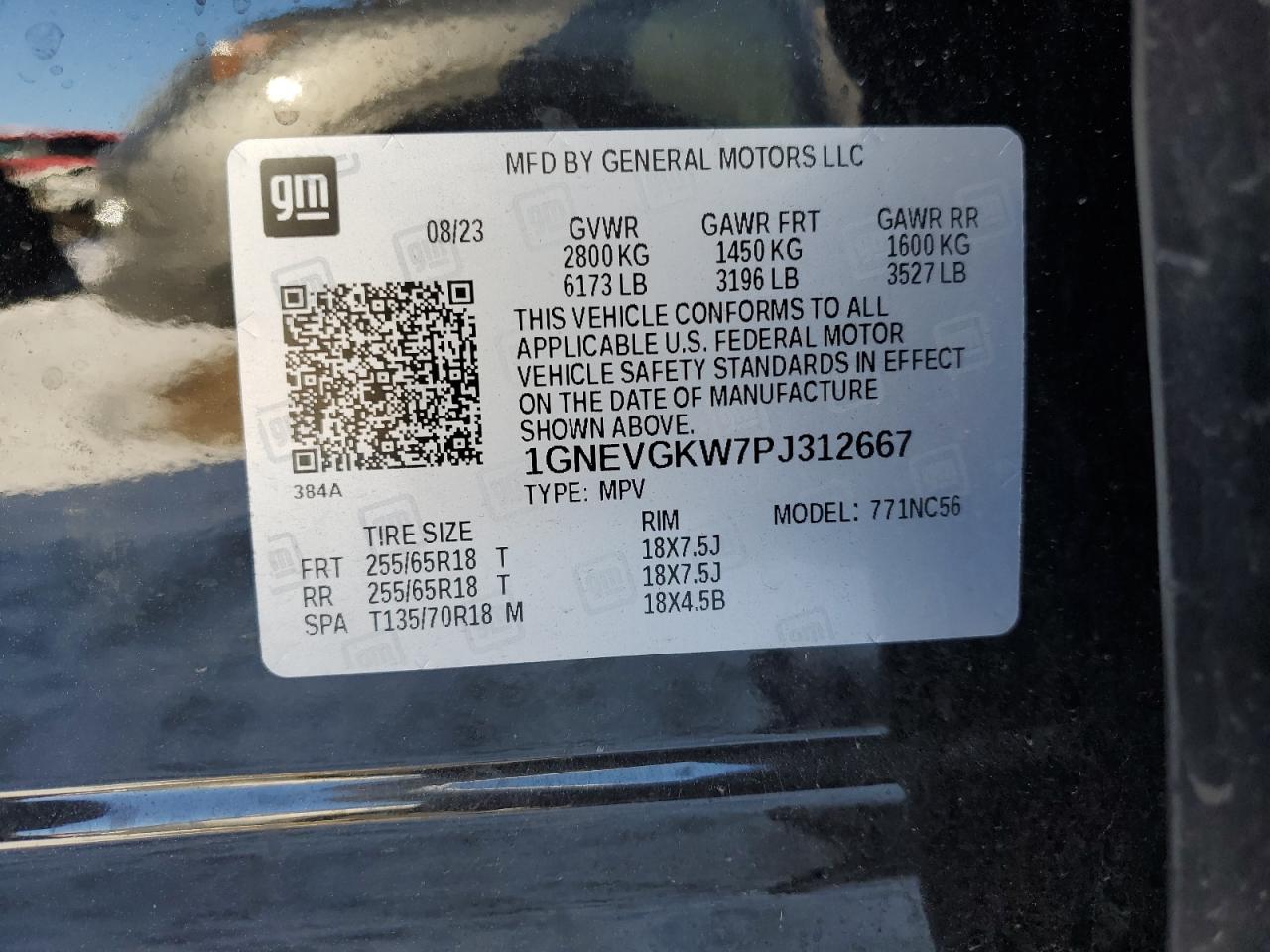 2023 CHEVROLET TRAVERSE LT VIN:1GNEVGKW7PJ312667