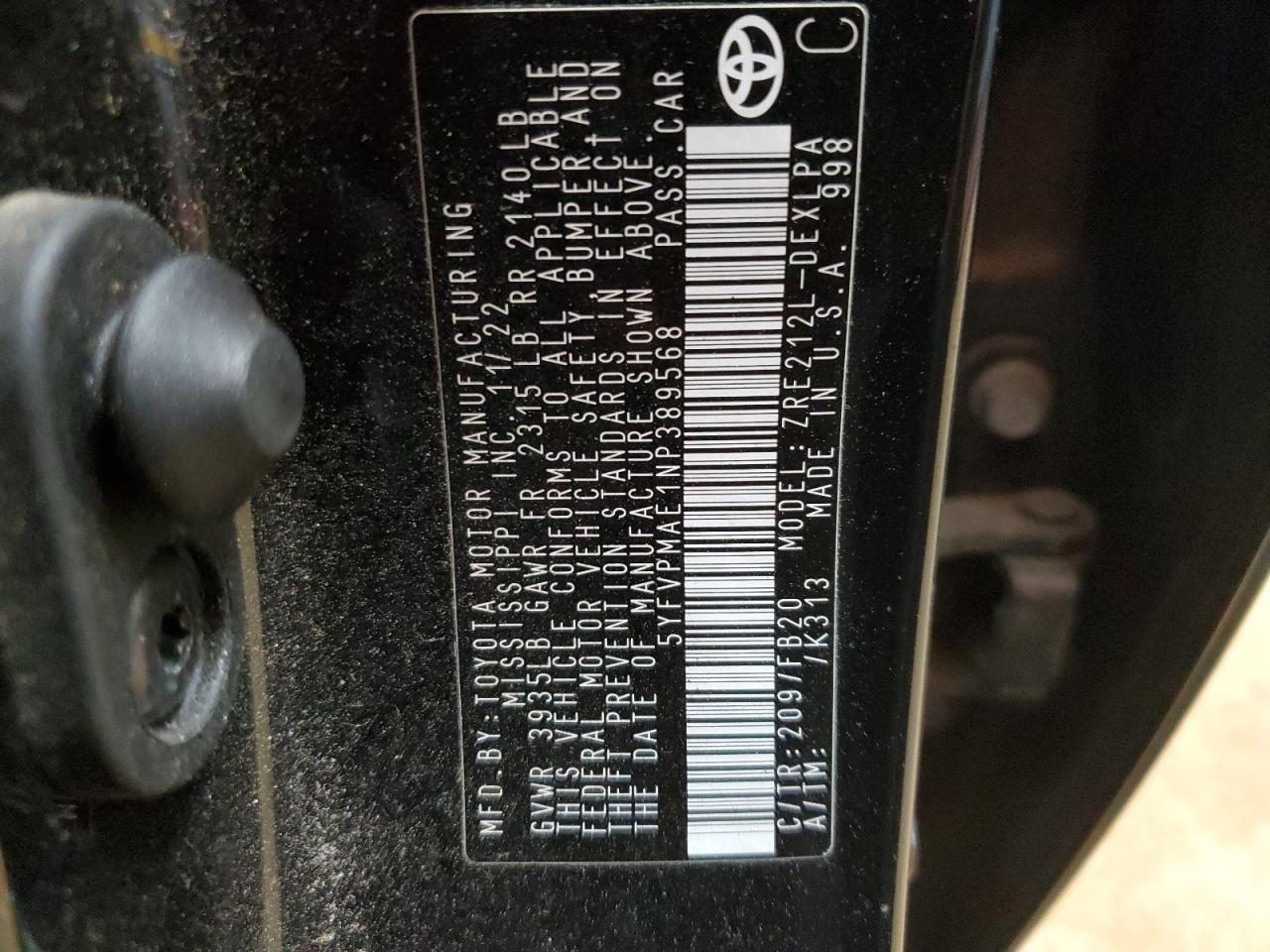 2022 TOYOTA COROLLA LE VIN:5YFVPMAE1NP389568