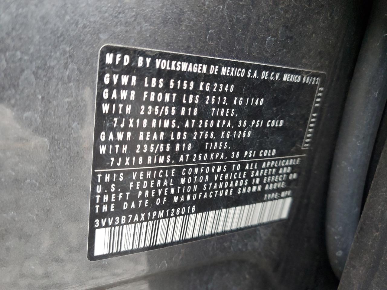2023 VOLKSWAGEN TIGUAN SE VIN:3VV3B7AX1PM126016