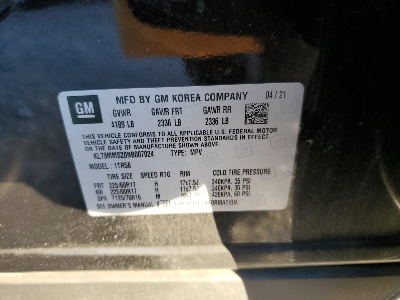 2022 CHEVROLET TRAILBLAZER LS VIN:KL79MMS20NB007024