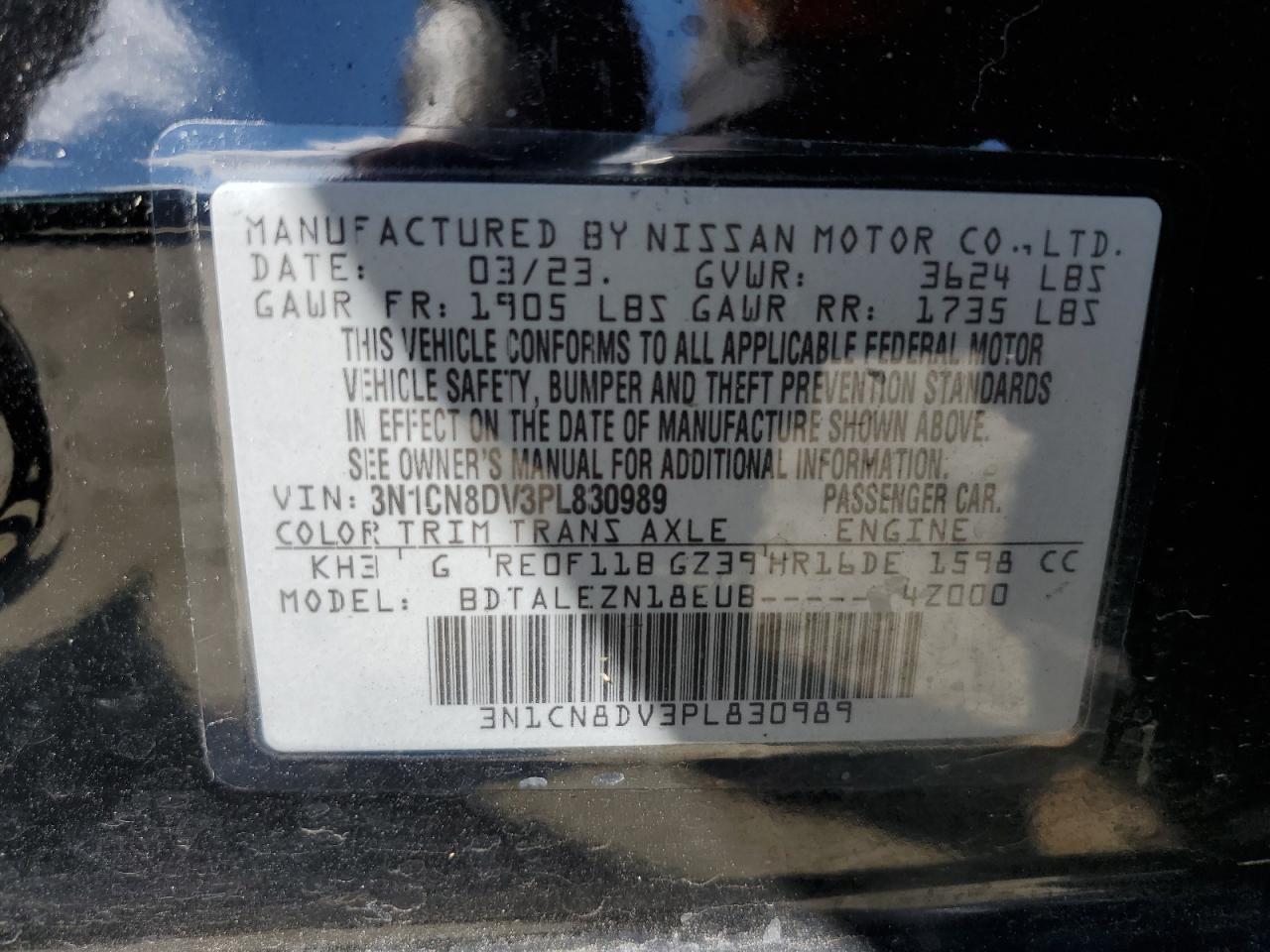 2023 NISSAN VERSA S VIN:3N1CN8DV3PL830989