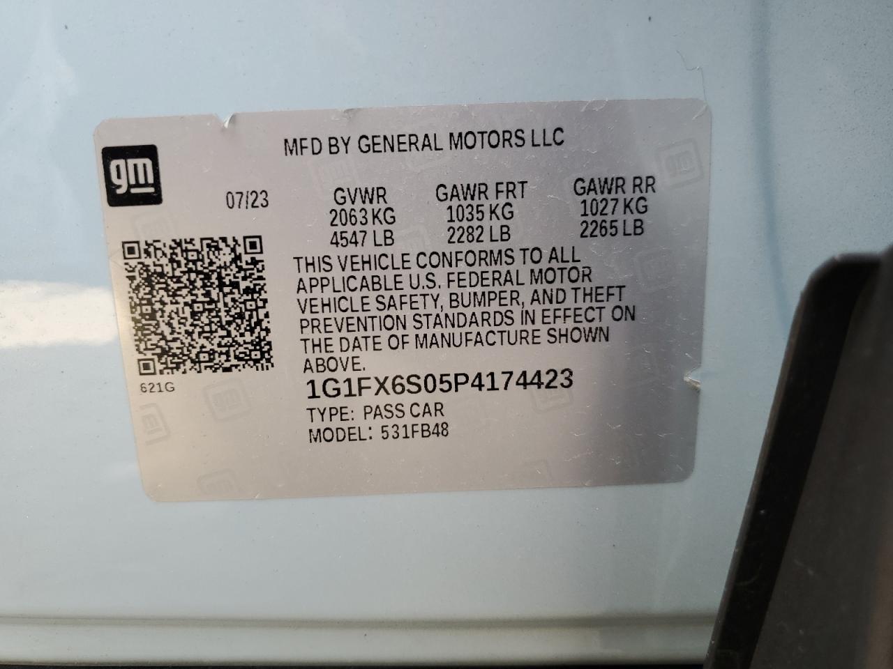 2023 CHEVROLET BOLT EV 2LT VIN:1G1FX6S05P4174423