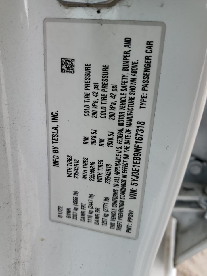 2022 TESLA MODEL 3  VIN:5YJ3E1EB9NF167318