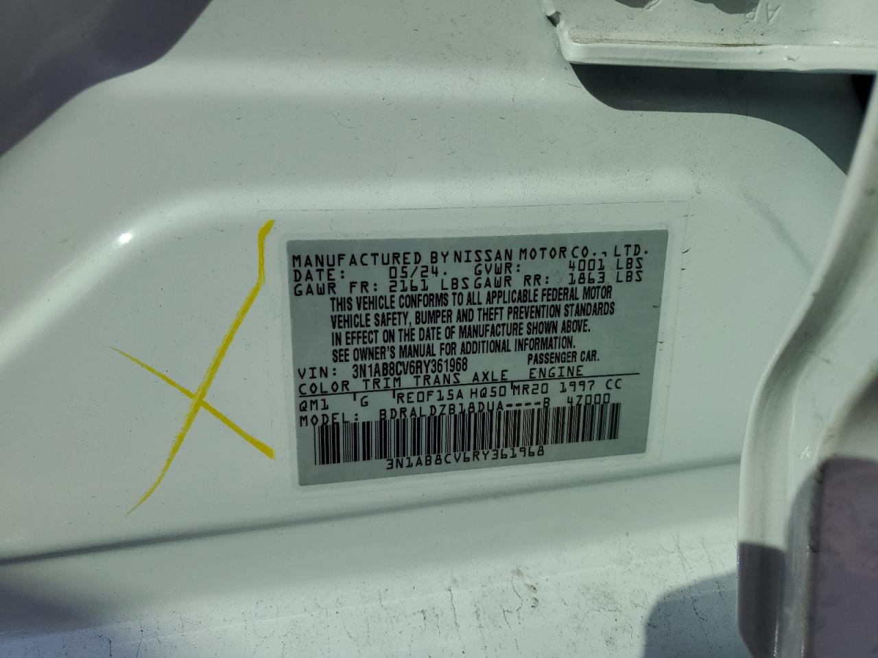 2024 NISSAN SENTRA SV VIN:3N1AB8CV6RY361968