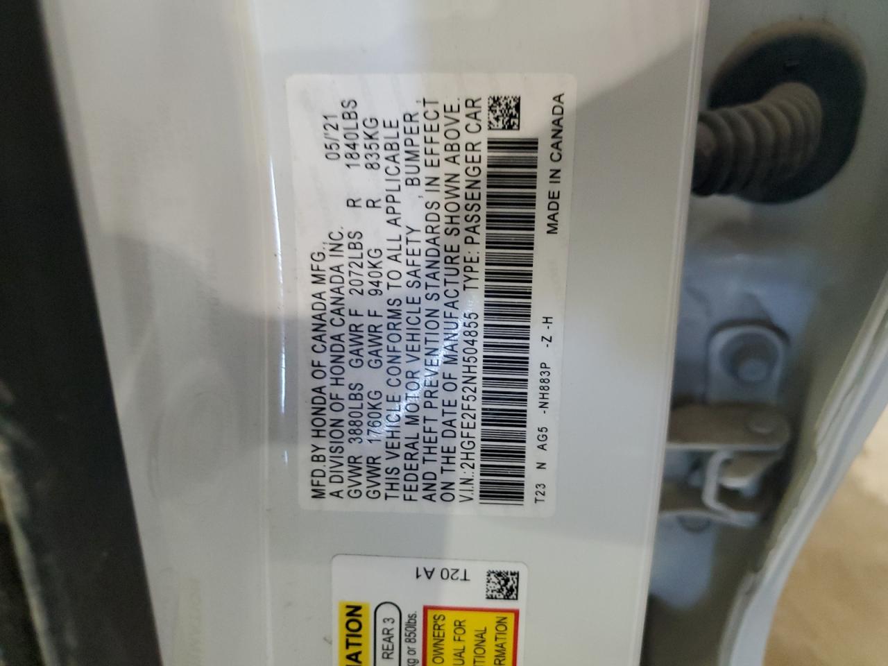 2022 HONDA CIVIC SPORT VIN:2HGFE2F52NH504855