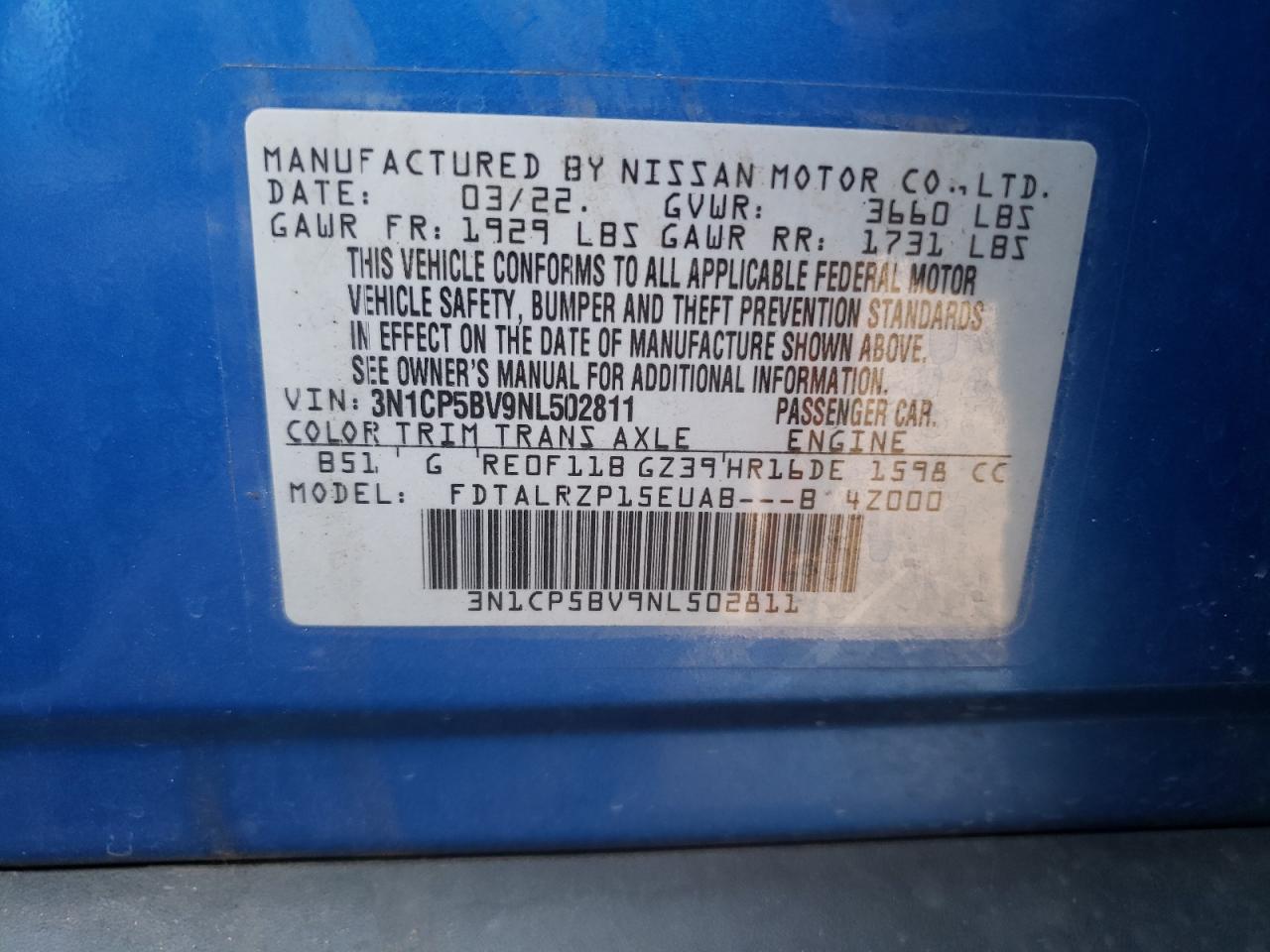 2022 NISSAN KICKS S VIN:3N1CP5BV9NL502811