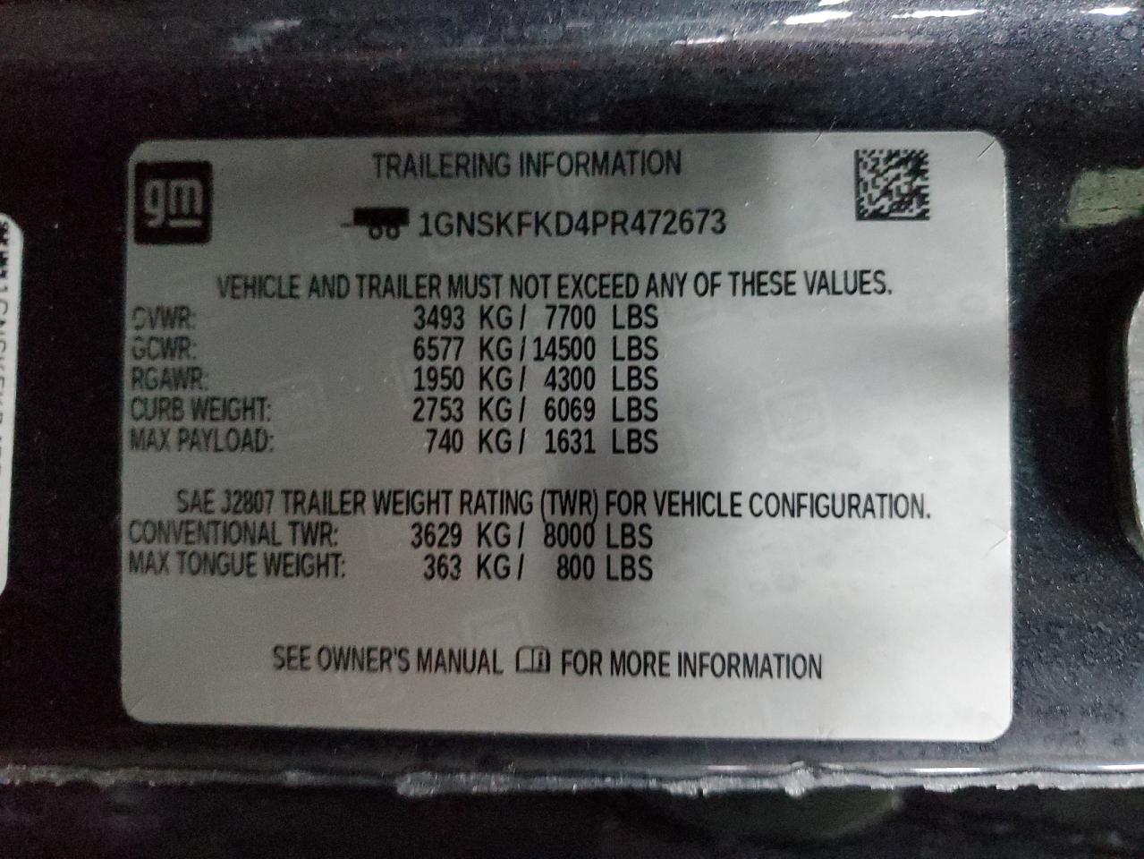 2023 CHEVROLET SUBURBAN K1500 PREMIER VIN:1GNSKFKD4PR472673