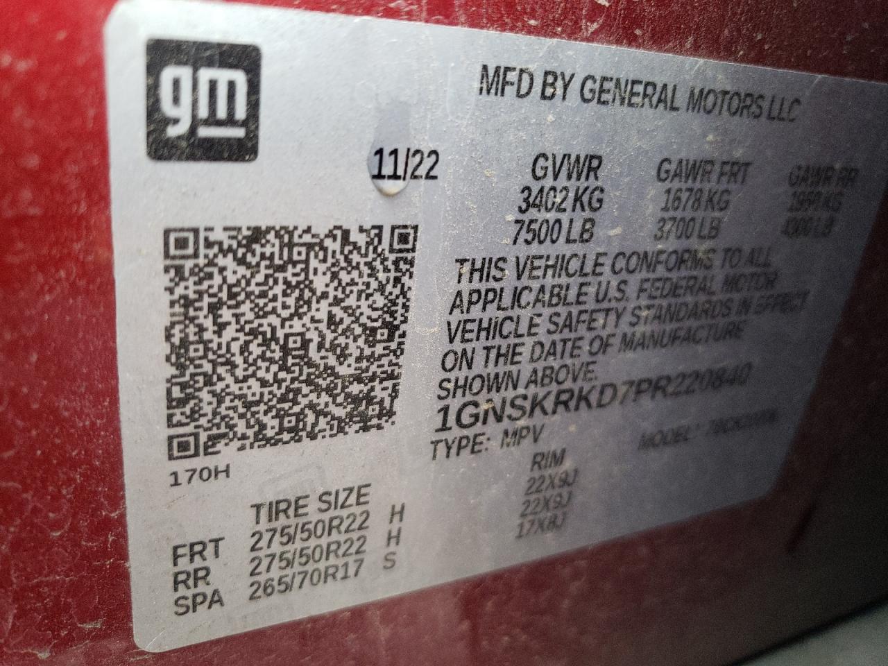 2023 CHEVROLET TAHOE K1500 RST VIN:1GNSKRKD7PR220840