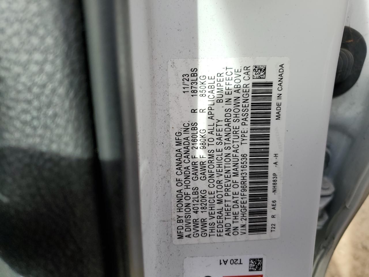 2024 HONDA CIVIC TOURING VIN:2HGFE1F96RH316536