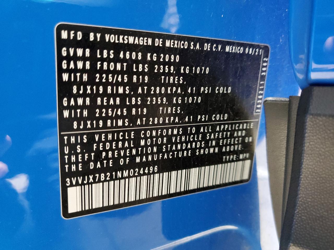 2022 VOLKSWAGEN TAOS SEL VIN:3VVJX7B21NM024496