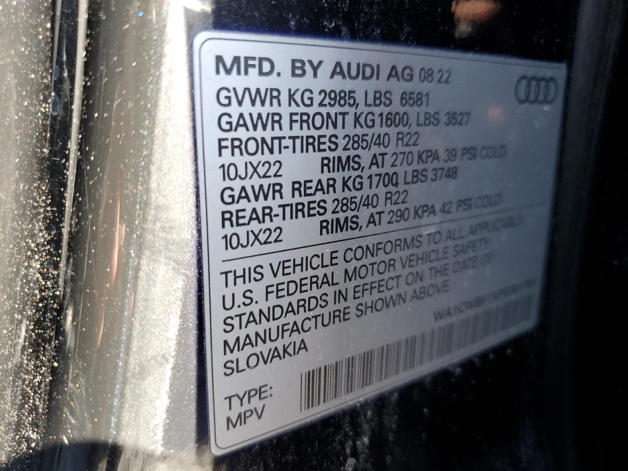 2023 AUDI SQ8 PRESTIGE VIN:WA1CWBF1XPD001791