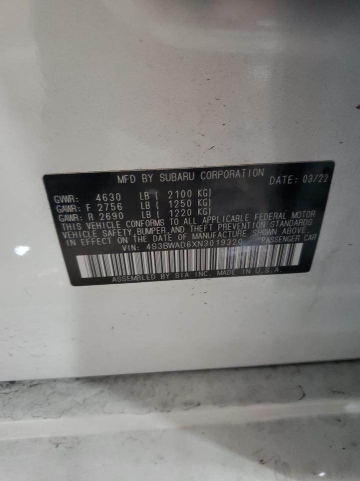 2022 SUBARU LEGACY PREMIUM VIN:4S3BWAD6XN3019320
