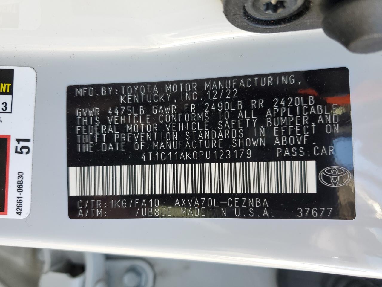 2023 TOYOTA CAMRY LE VIN:4T1C11AK0PU123179