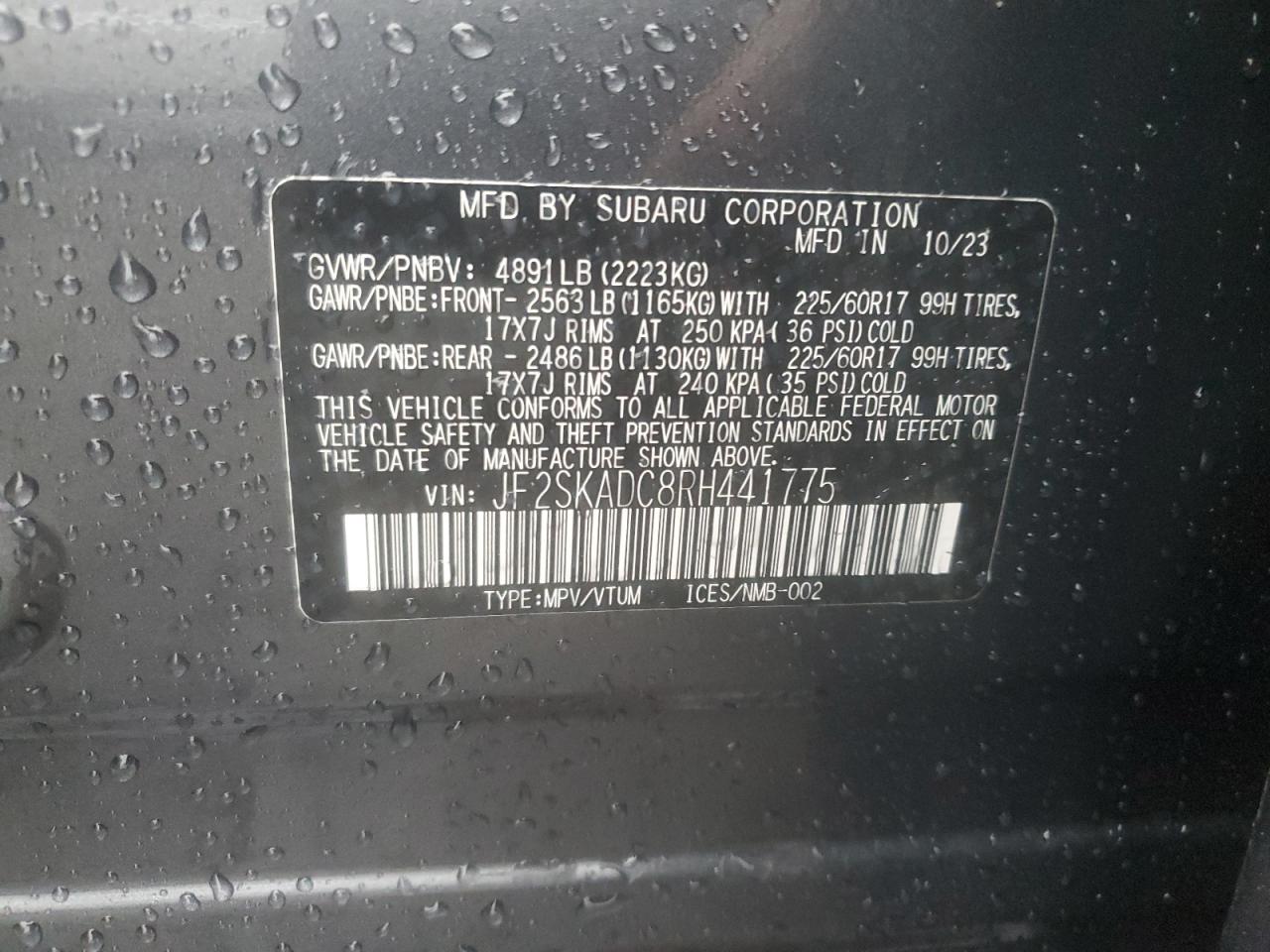 2024 SUBARU FORESTER PREMIUM VIN:JF2SKADC8RH441775