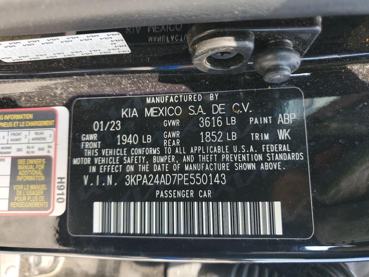 2023 KIA RIO LX VIN:3KPA24AD7PE550143