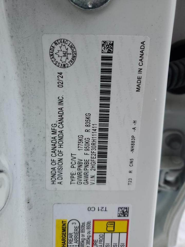 2024 HONDA CIVIC EX VIN:2HGFE2F30RH111411