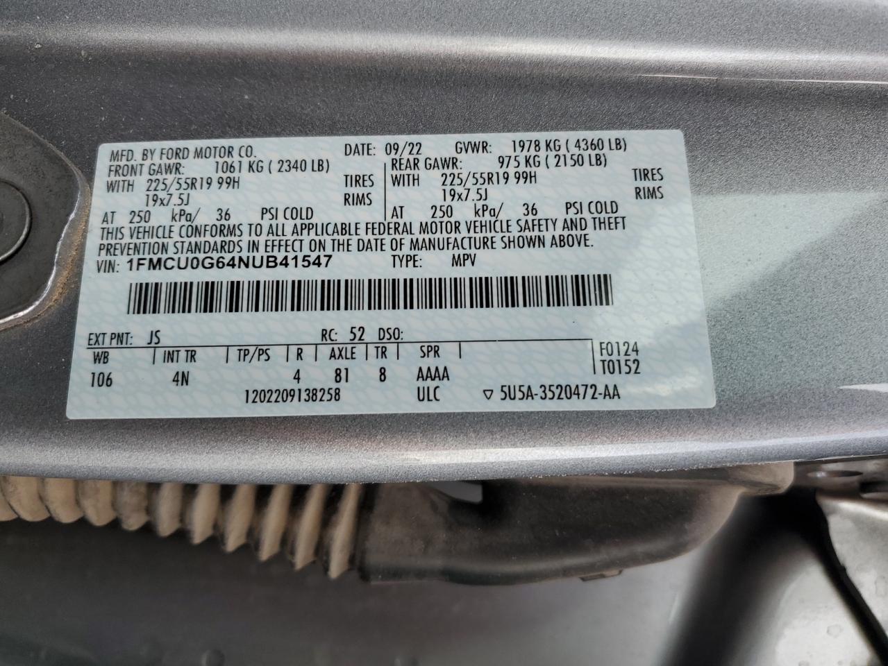 2022 FORD ESCAPE SE VIN:1FMCU0G64NUB41547