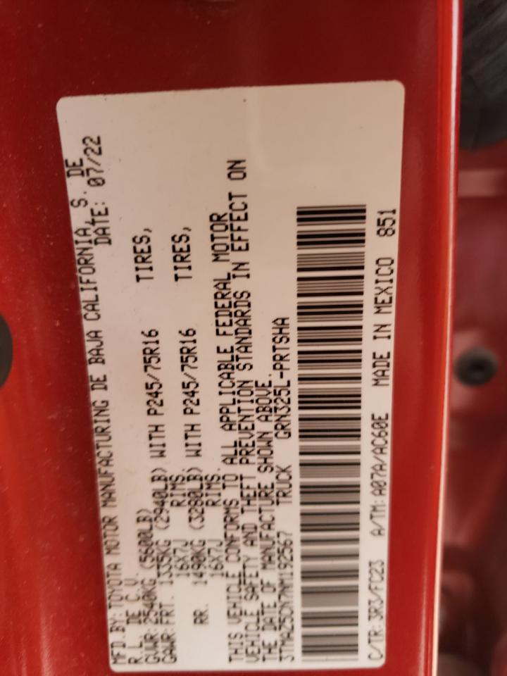 2022 TOYOTA TACOMA DOUBLE CAB VIN:3TMAZ5CN7NM192567