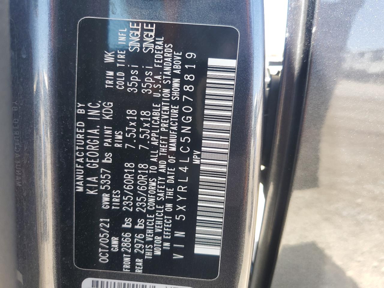 2022 KIA SORENTO S VIN:5XYRL4LC5NG078819