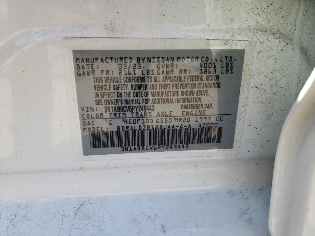2023 NISSAN SENTRA SV VIN:3N1AB8CV6PY249443