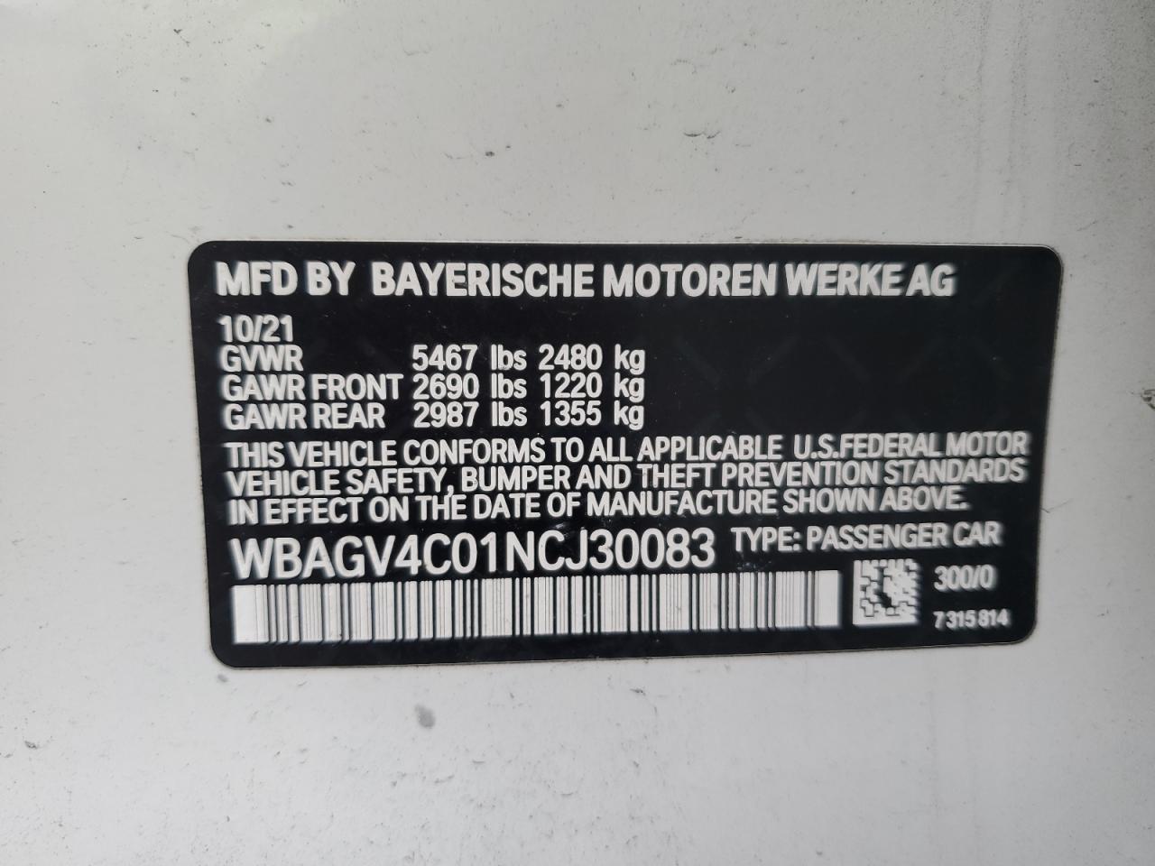 2022 BMW 840XI  VIN:WBAGV4C01NCJ30083
