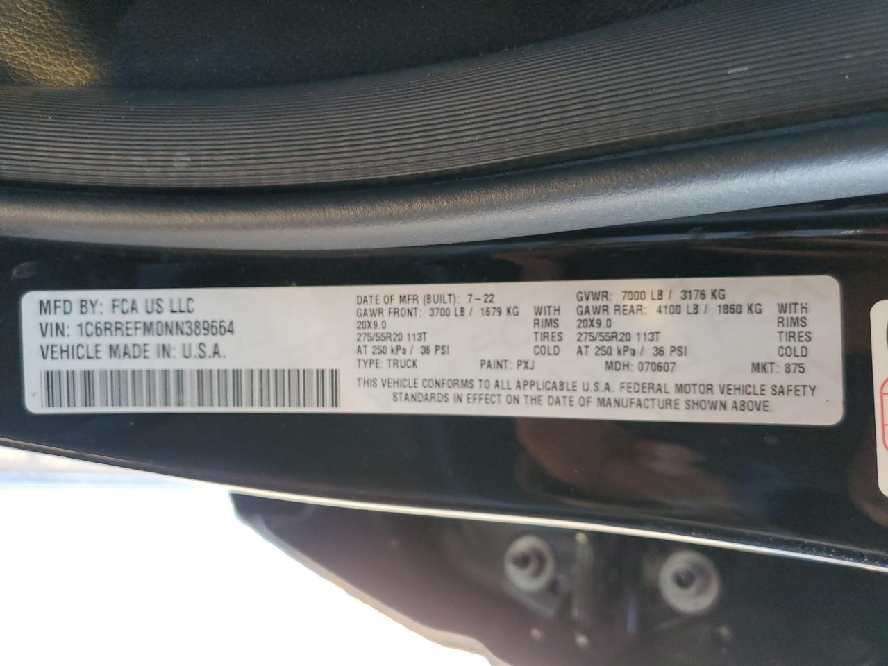 2022 RAM 1500 BIG HORN/LONE STAR VIN:1C6RREFM0NN389664