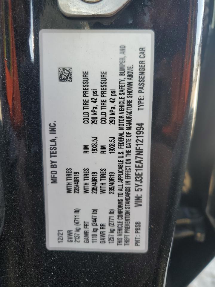 2022 TESLA MODEL 3  VIN:5YJ3E1EA7NF121994