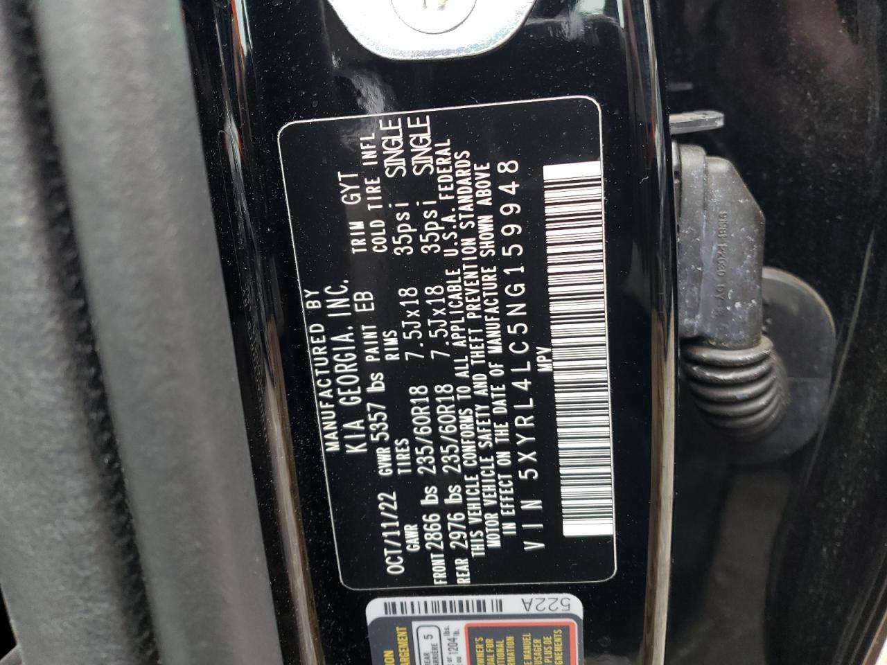 2022 KIA SORENTO S VIN:5XYRL4LC5NG159948