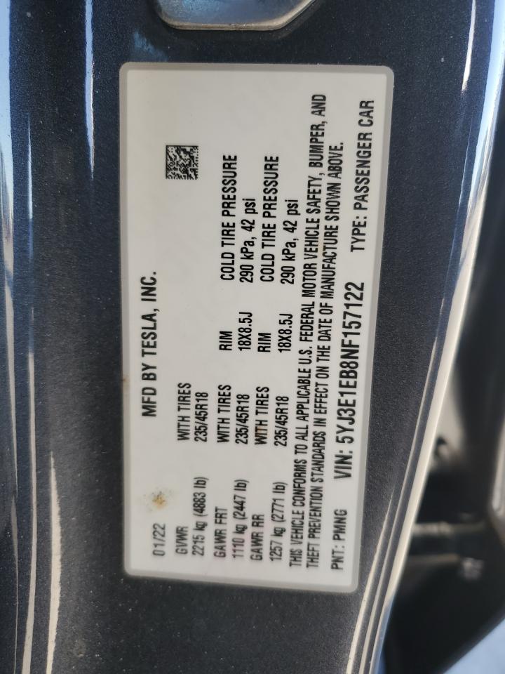 2022 TESLA MODEL 3  VIN:5YJ3E1EB8NF157122
